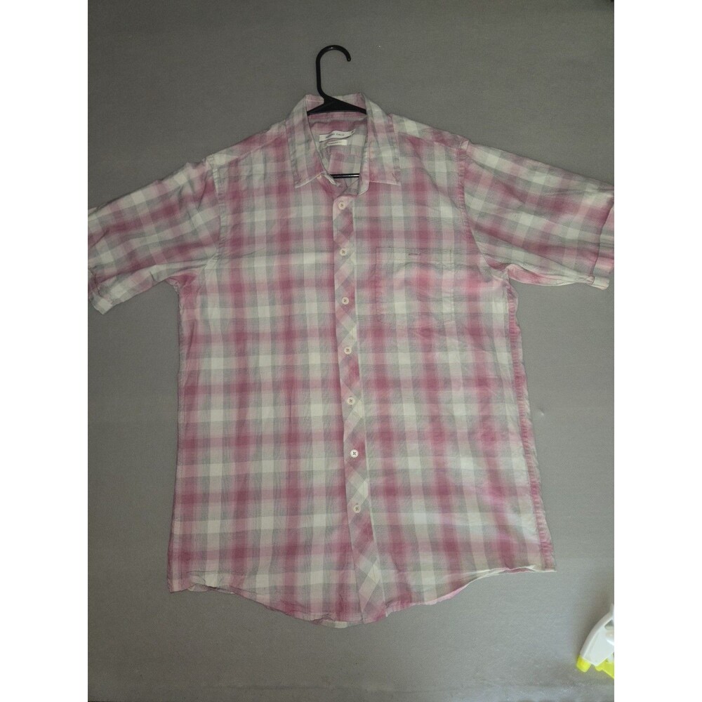 Arturo Calle Men’s Medium Plaid Short Sleeve Button Up Shirt Pink Gray Regular M